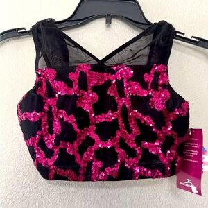 BNWT Motionwear Pink sequin Black Dance‎ Top/gymnastics Size Medium Adult